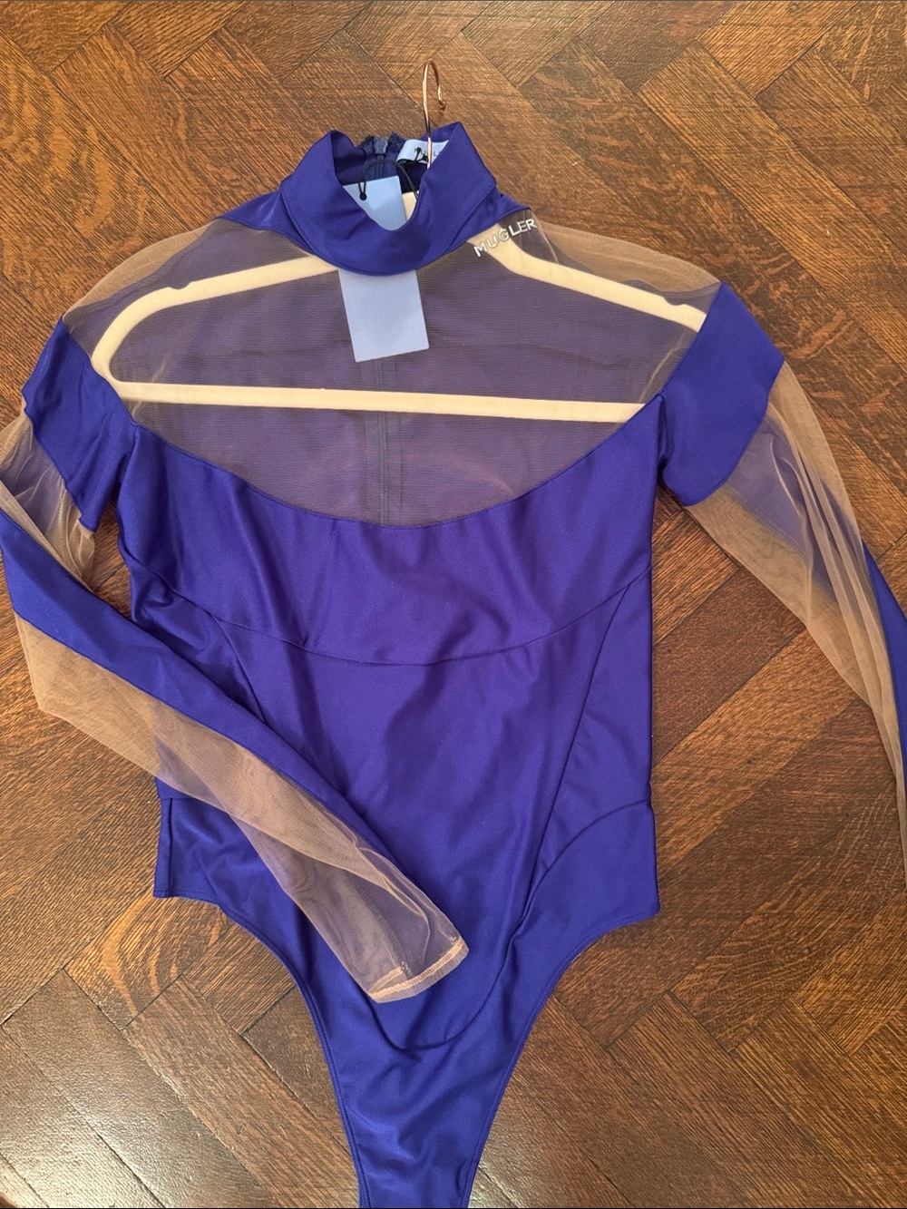 Mugler Royal Blue Bodysuit with Nude Mesh Yoke